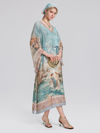 100% Silk Mermaid Print Batwing Sleeve Dress(Waist Tie, Headscarf & Scrunchie Included)