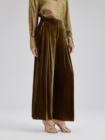 Gold Silk Velvet Wide-Leg Pants