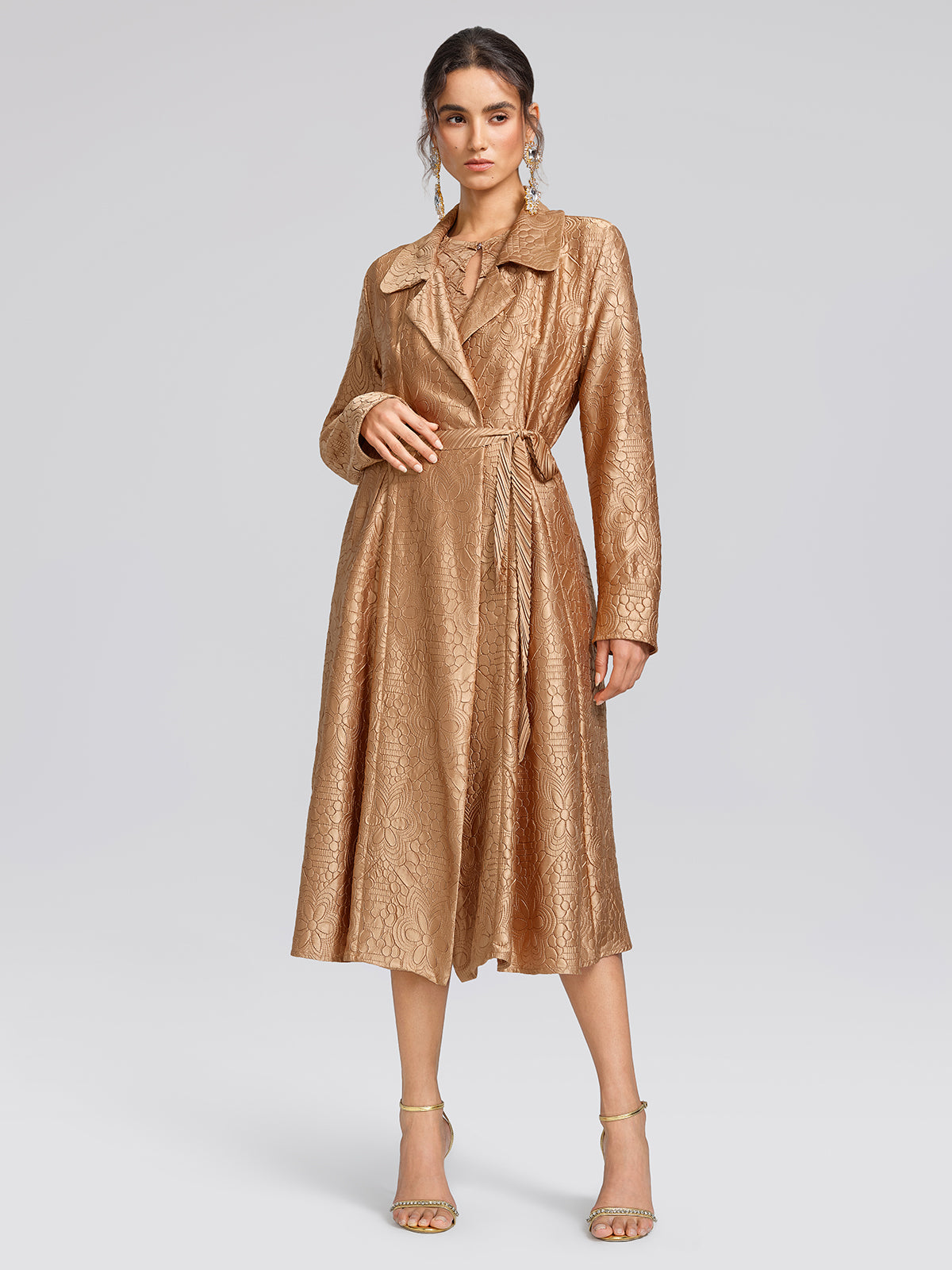 Diamond-Pleated Floral Embossed Dress
