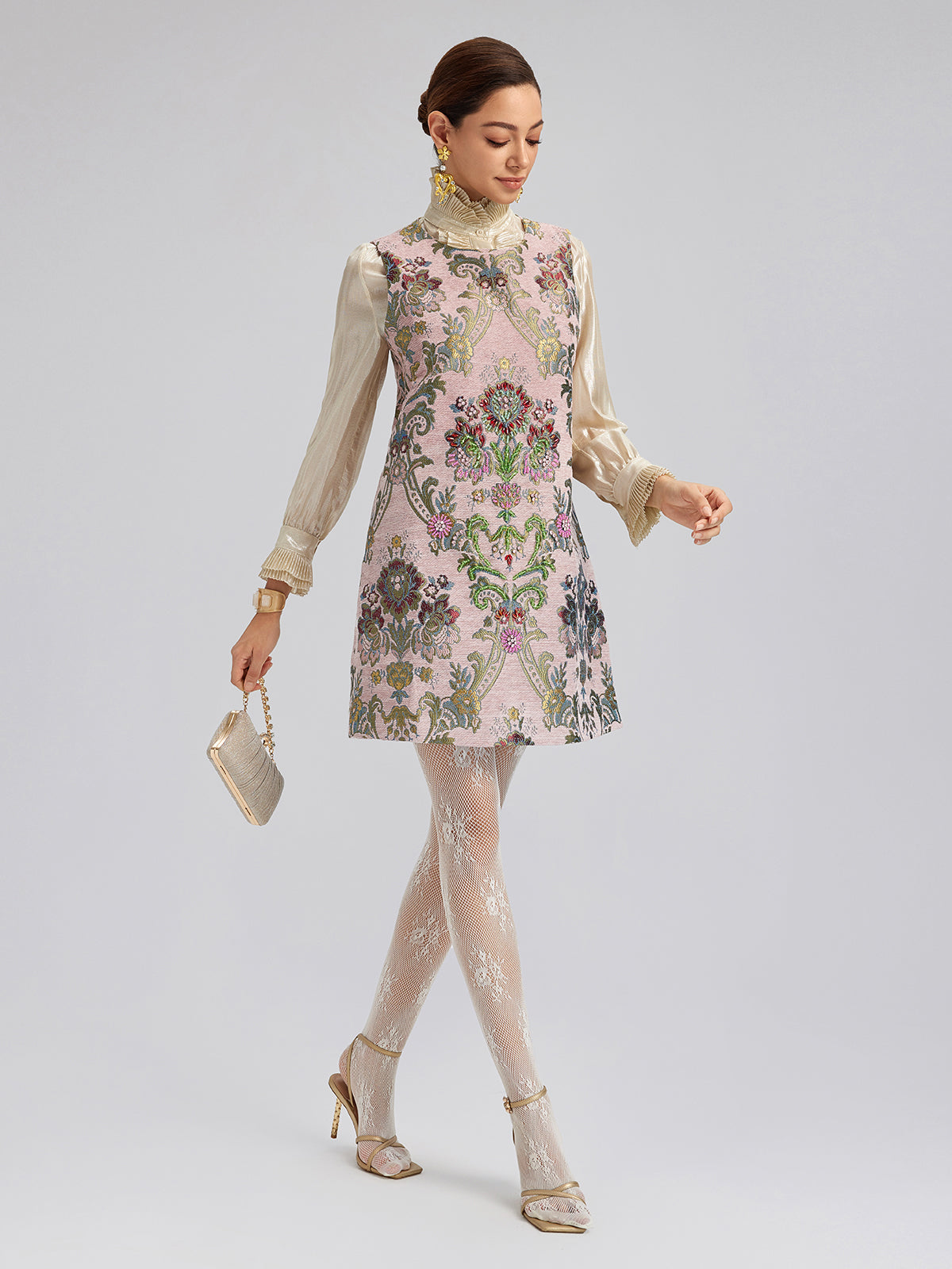 Hand-Beaded Embroidered Silk-Textured Dress