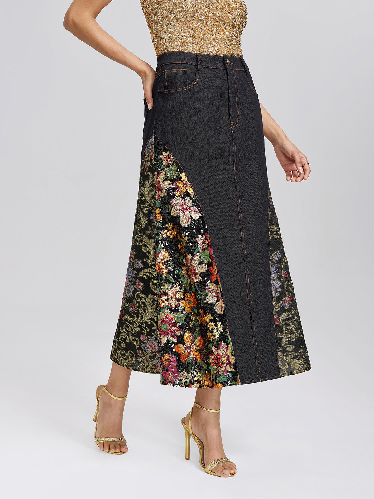 Metallic Denim Sequin Jacquard Mermaid Skirt