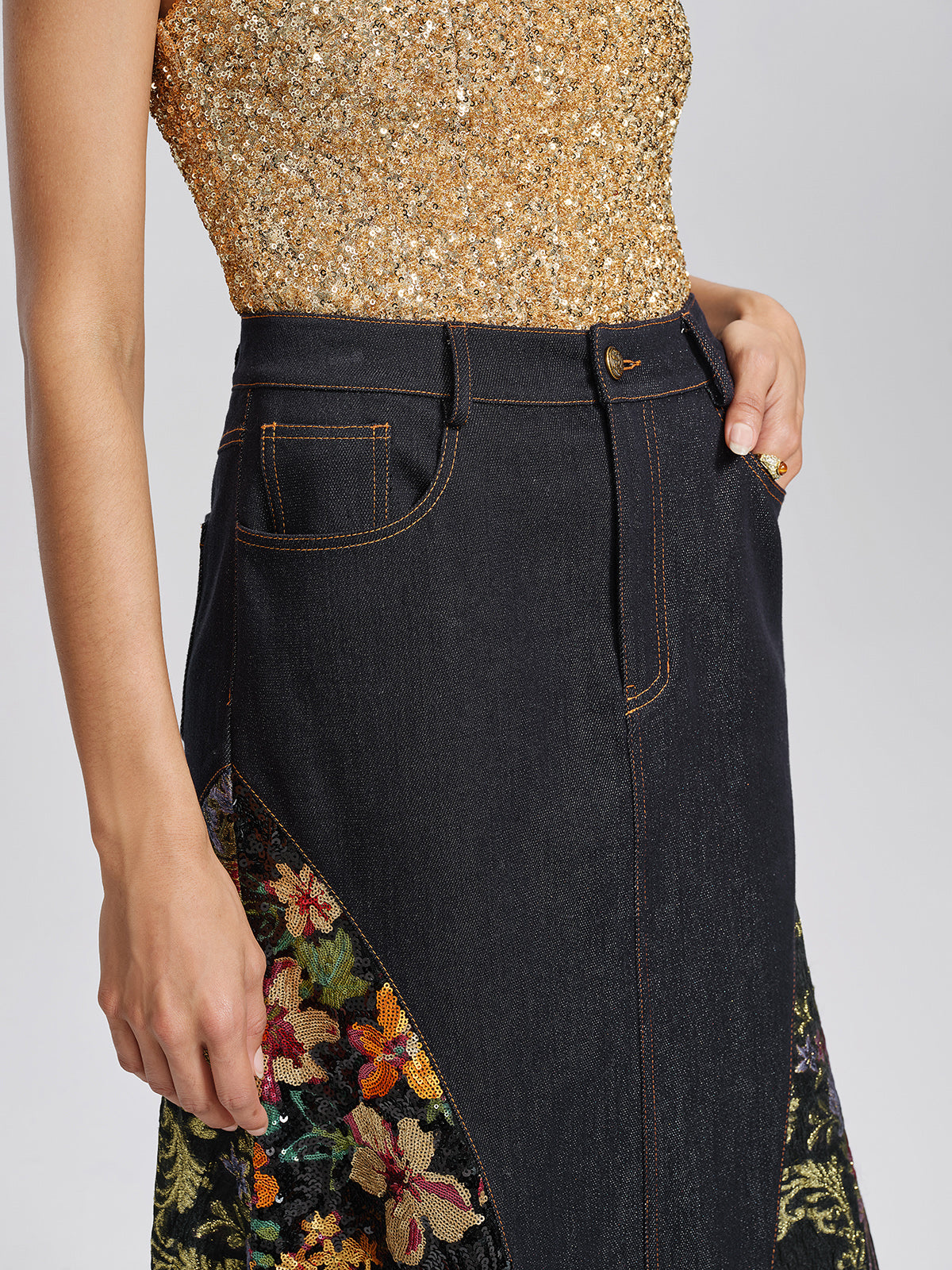 Metallic Denim Sequin Jacquard Mermaid Skirt