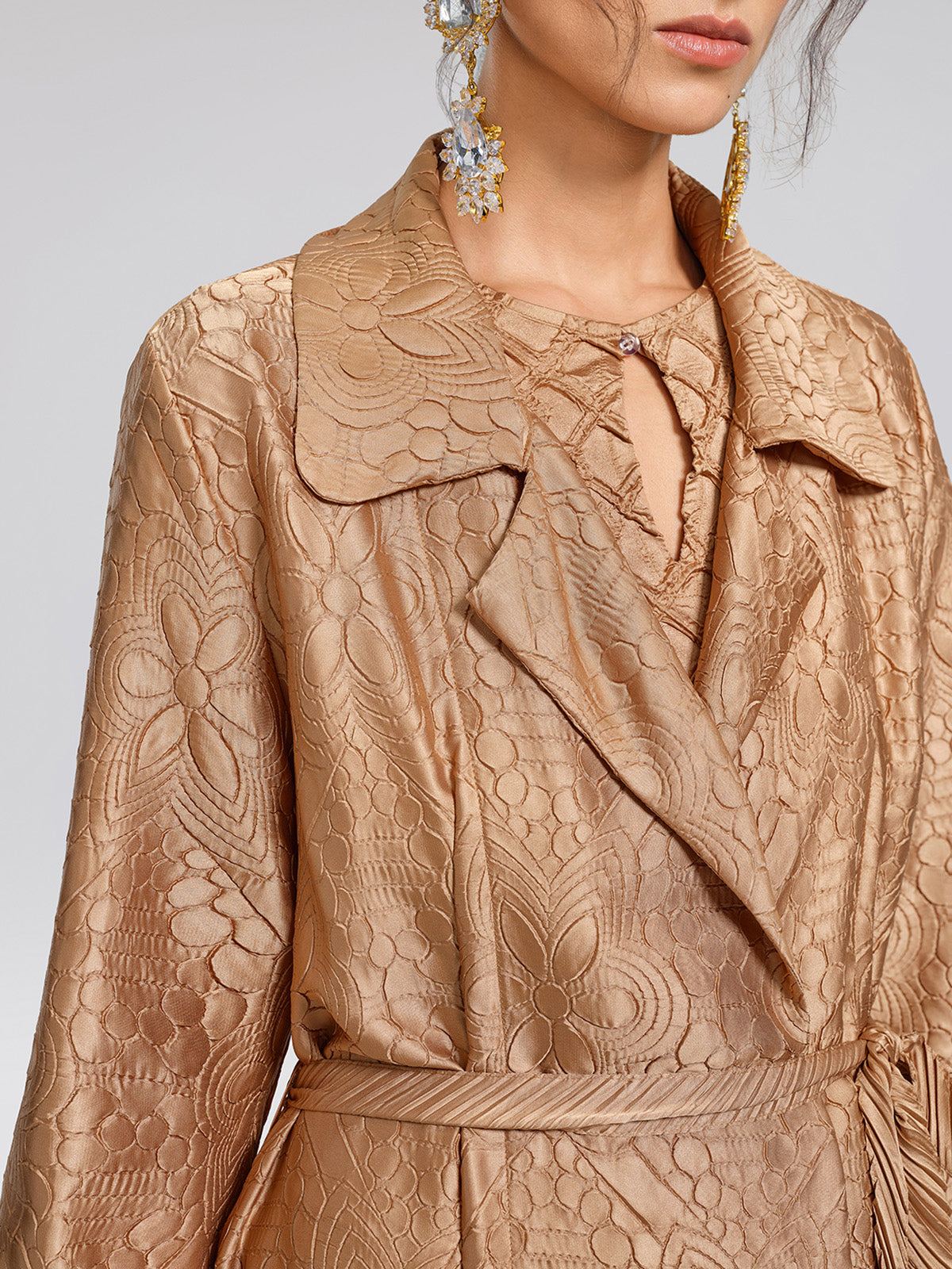 Pleated Floral Jacquard Trench Coat