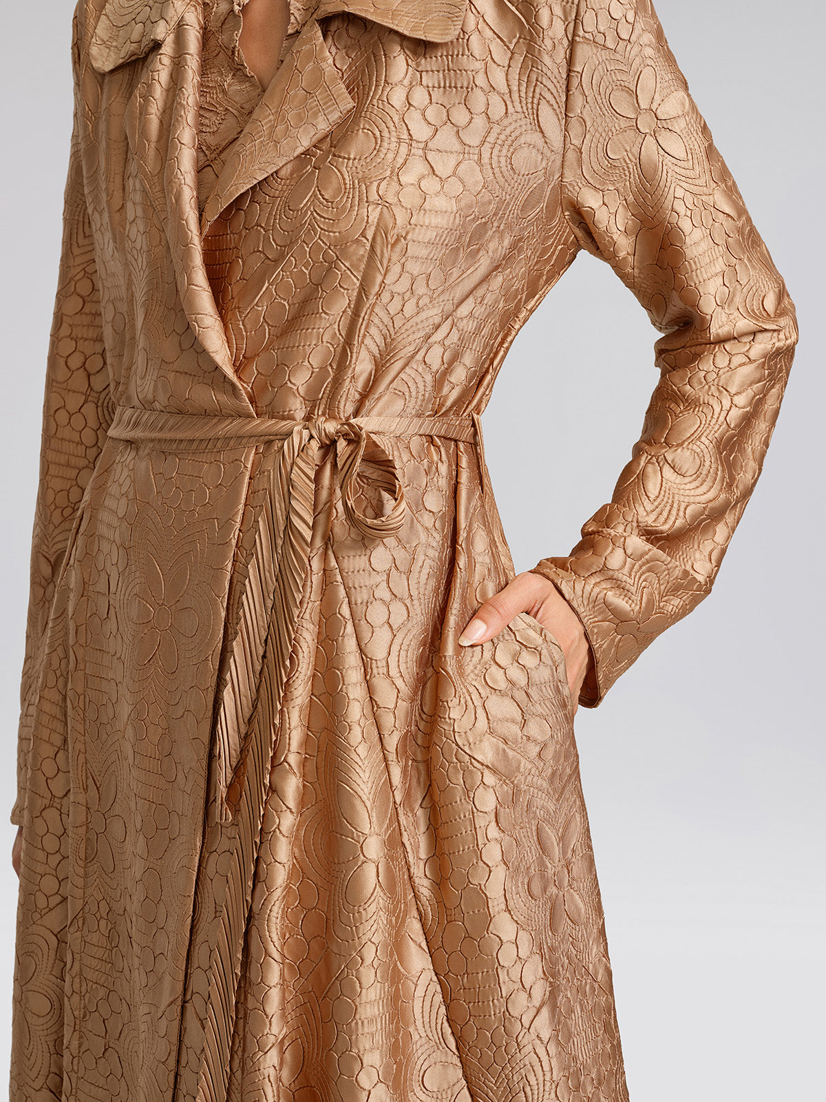 Pleated Floral Jacquard Trench Coat