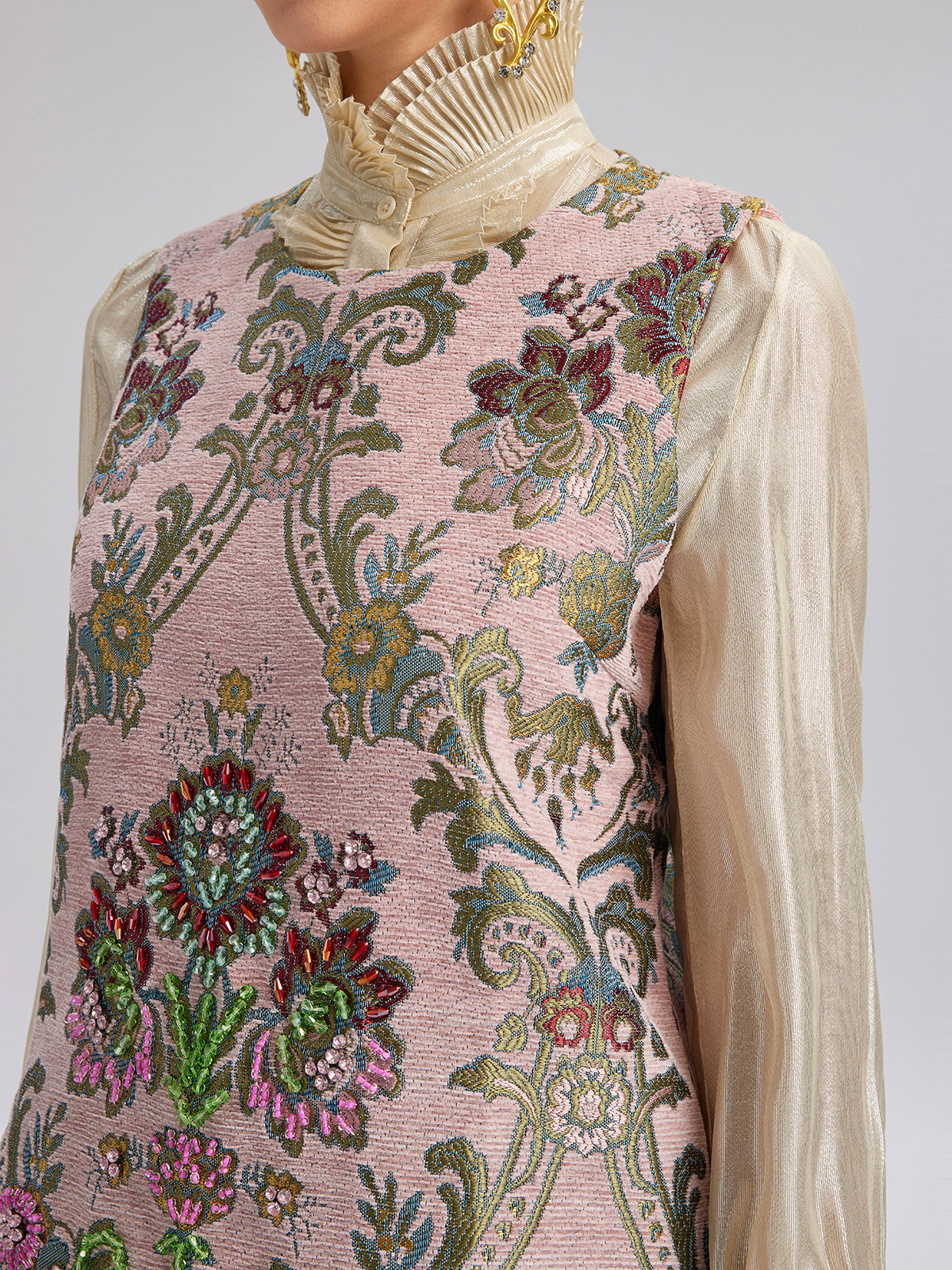 Hand-Beaded Embroidered Silk-Textured Dress