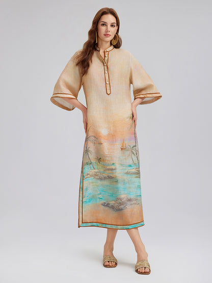 Linen Flared Sleeves Beach Print Dress