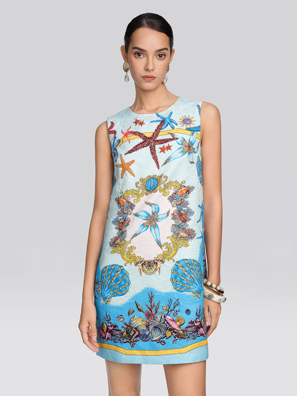Hand Beaded Ocean Baroque Print Dress
