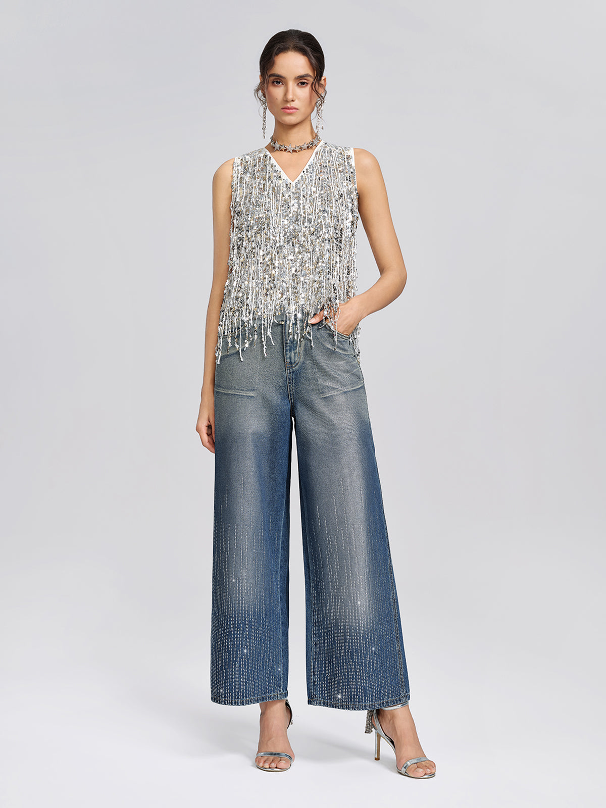 Silver-Washed Rhinestone Wide-Leg Jeans