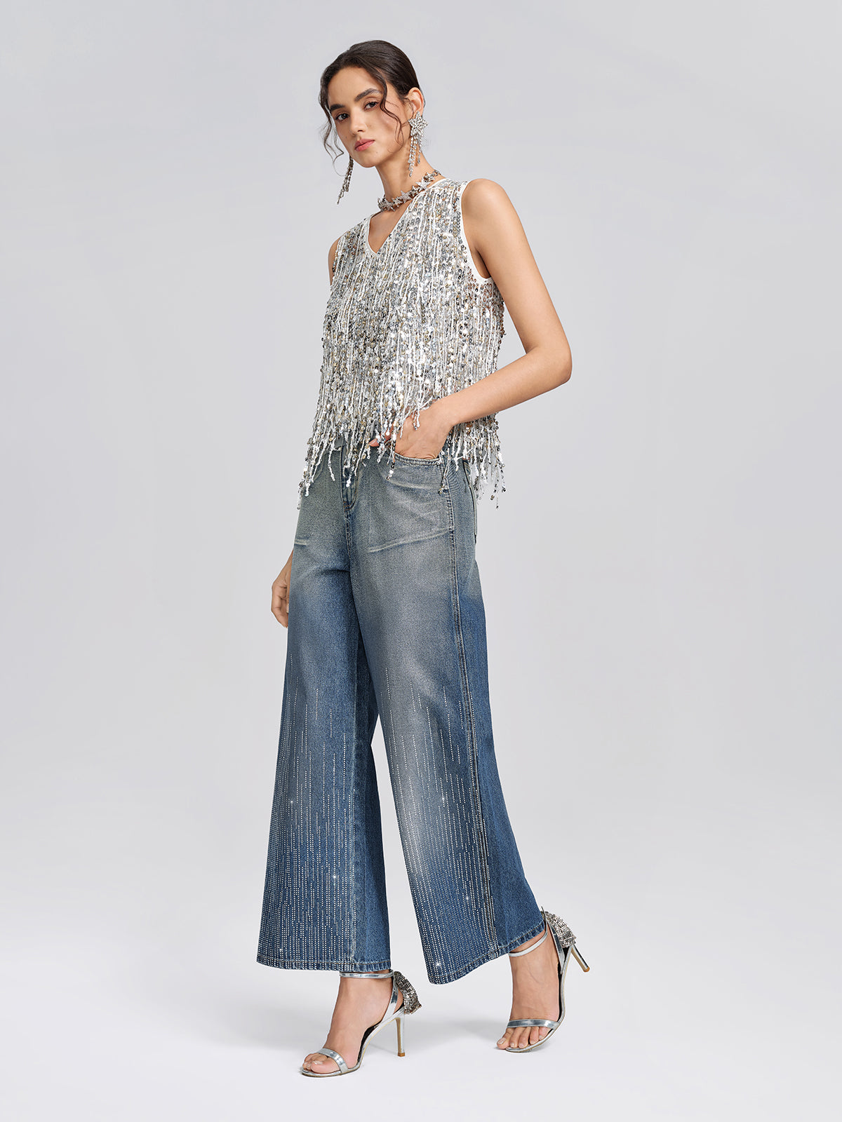 Silver-Washed Rhinestone Wide-Leg Jeans