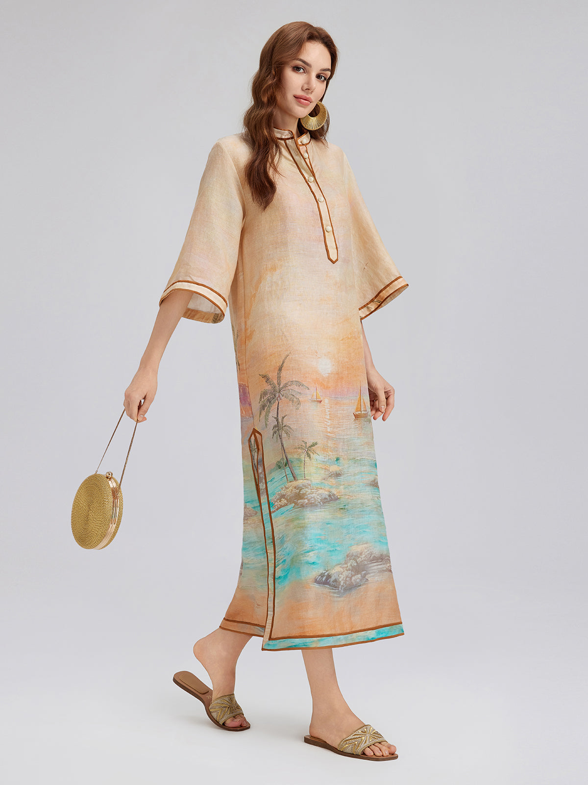 Linen Flared Sleeves Beach Print Dress