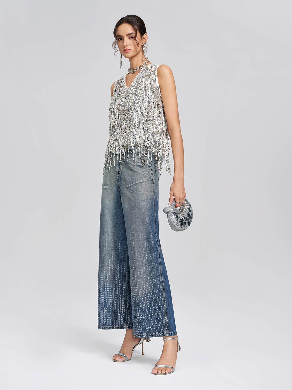 Silver-Washed Rhinestone Wide-Leg Jeans