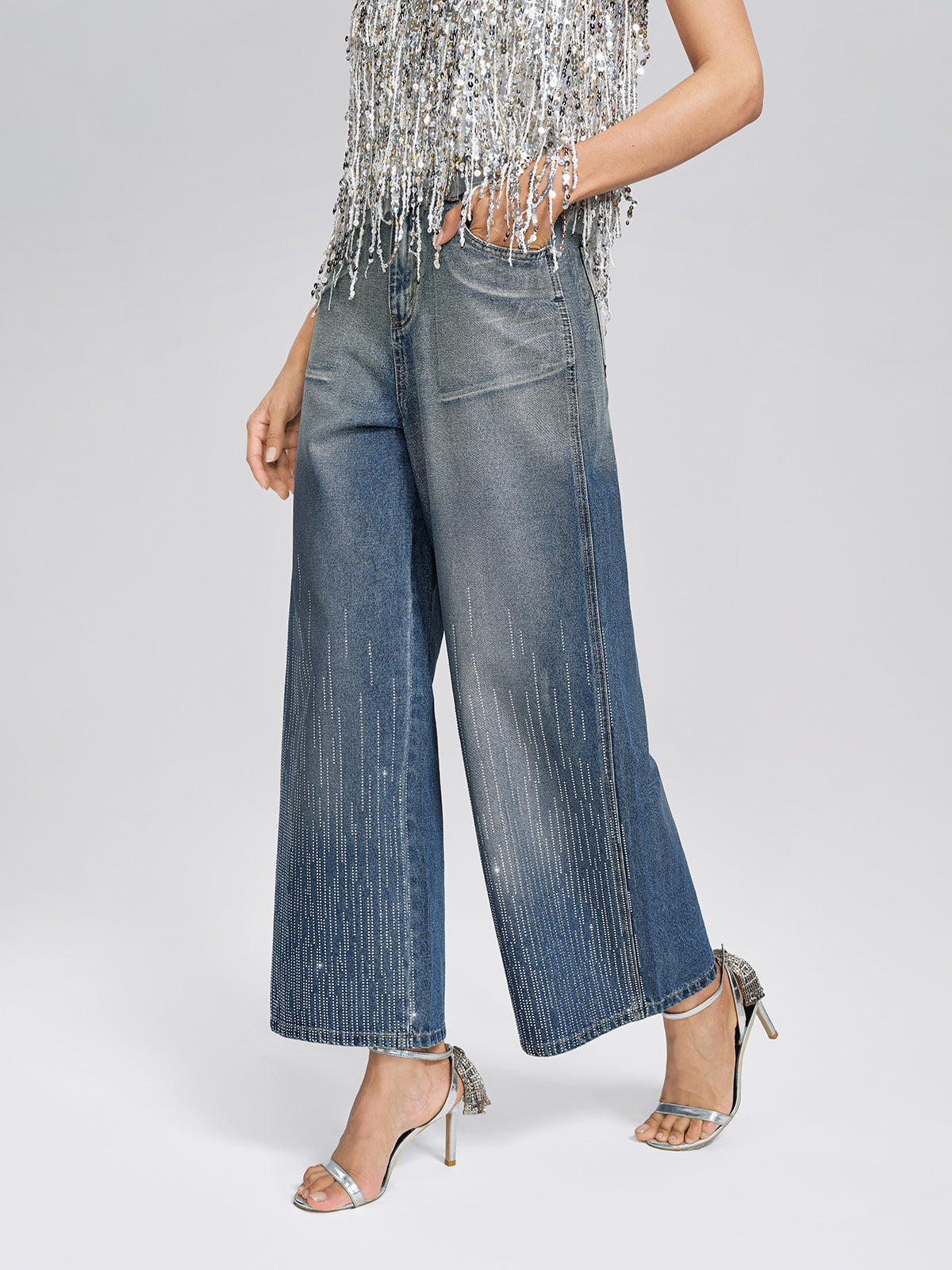 Silver-Washed Rhinestone Wide-Leg Jeans