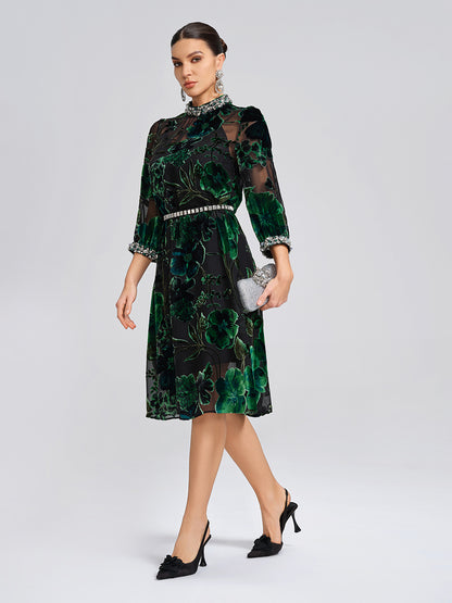 Flocked Burnout Floral Dress (Belt & Slip Dress Included)