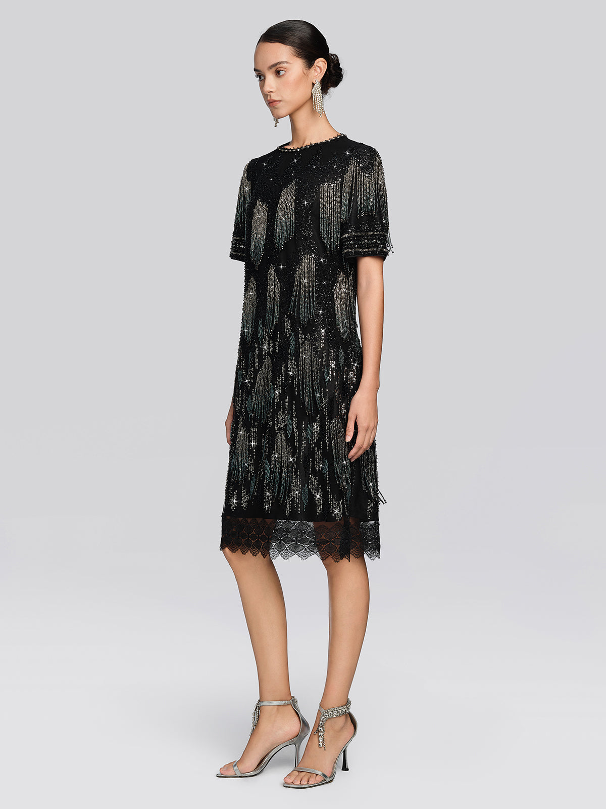 Fringe Beaded Embroidered Mesh Dress