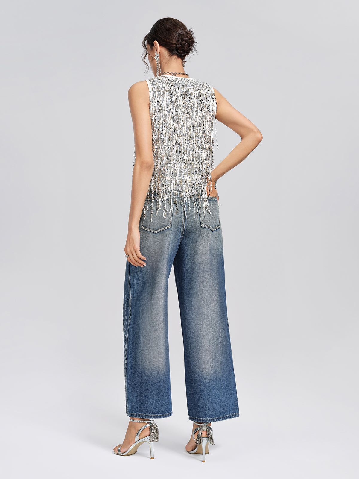 Silver-Washed Rhinestone Wide-Leg Jeans