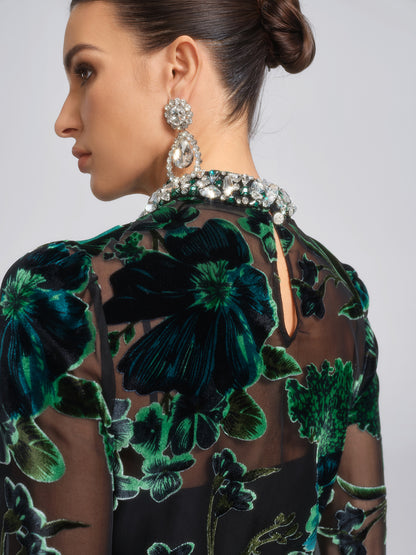 Flocked Burnout Floral Dress (Belt & Slip Dress Included)