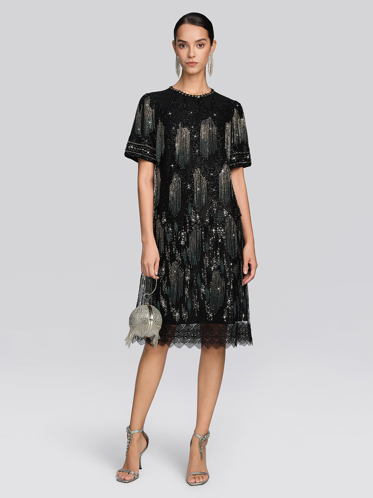 Fringe Beaded Embroidered Mesh Dress