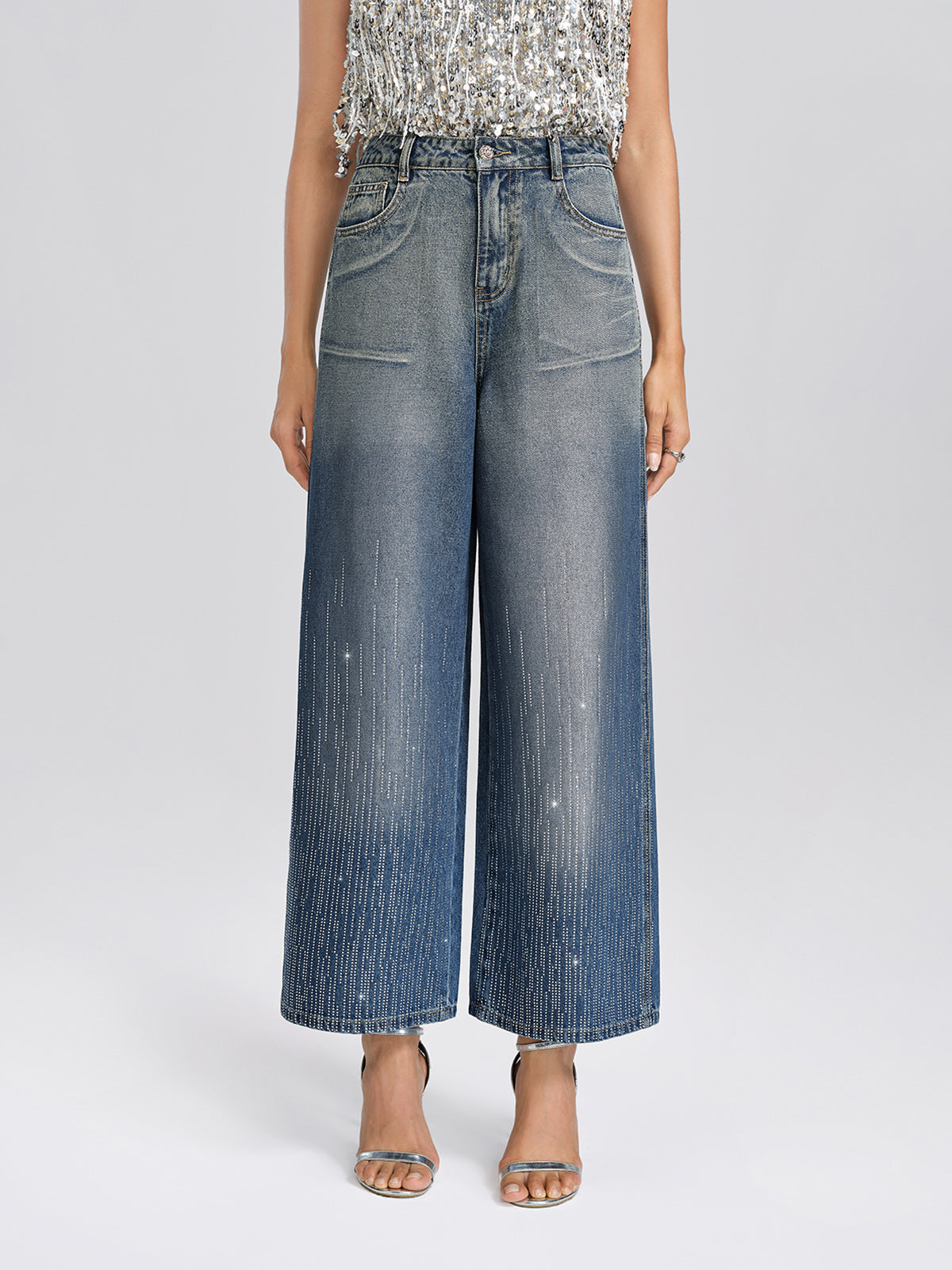 Silver-Washed Rhinestone Wide-Leg Jeans