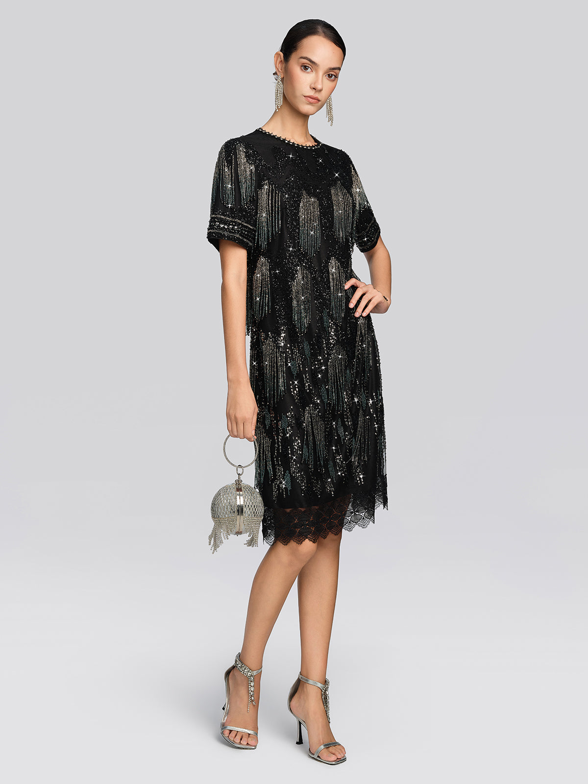 Fringe Beaded Embroidered Mesh Dress