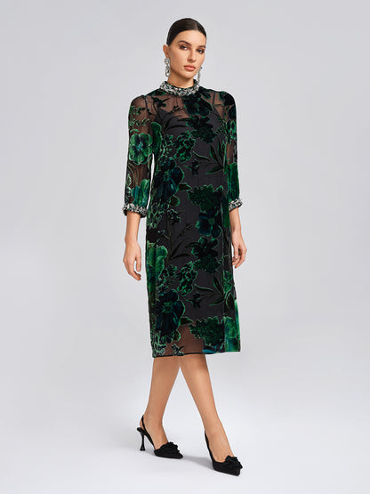 Flocked Burnout Floral Dress (Belt & Slip Dress Included)
