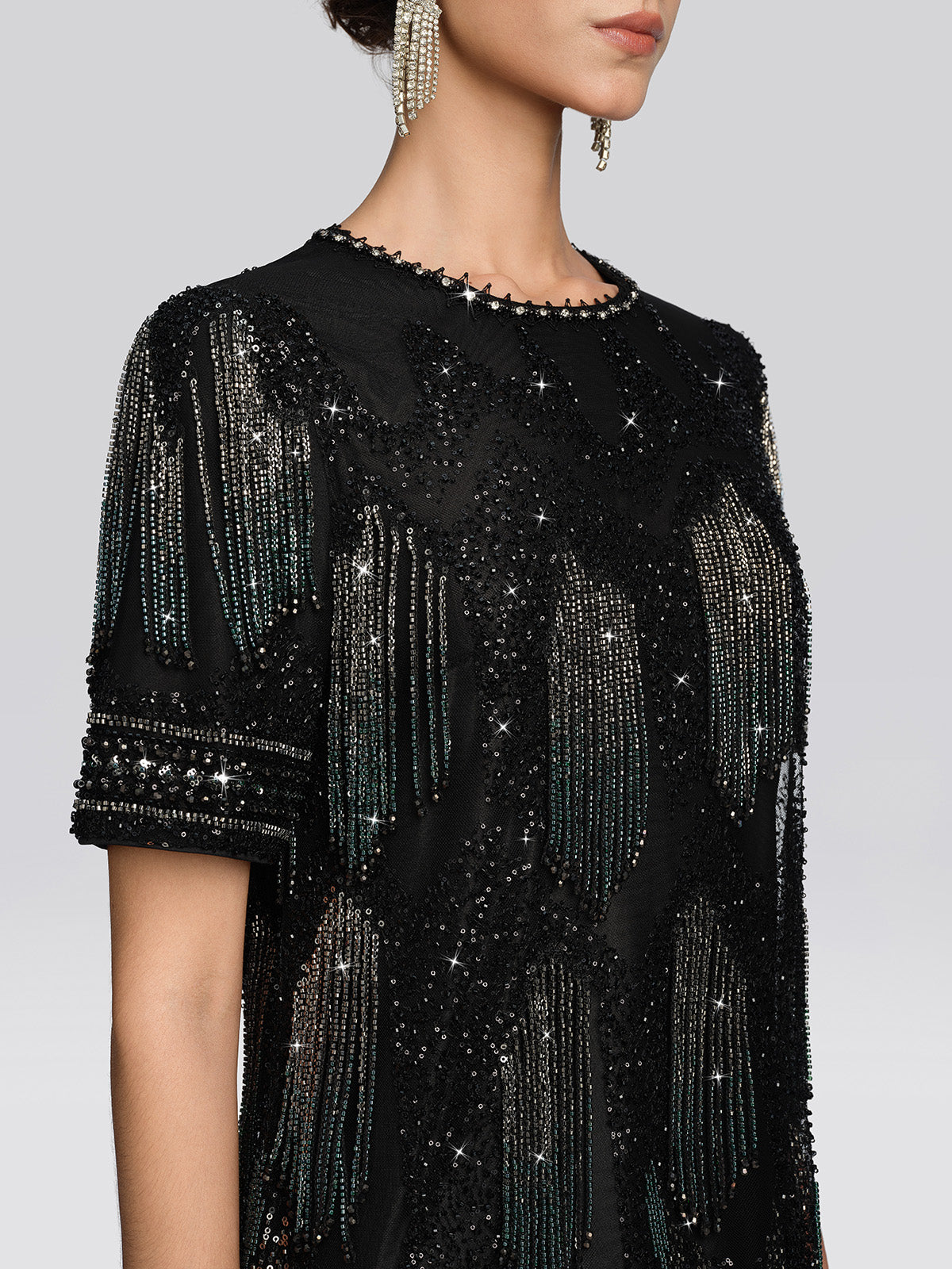 Fringe Beaded Embroidered Mesh Dress