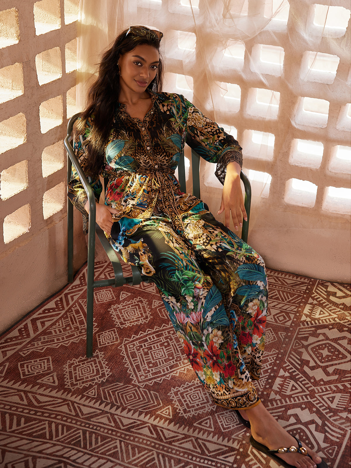100% Silk Leopard Floral Wide Leg Pants
