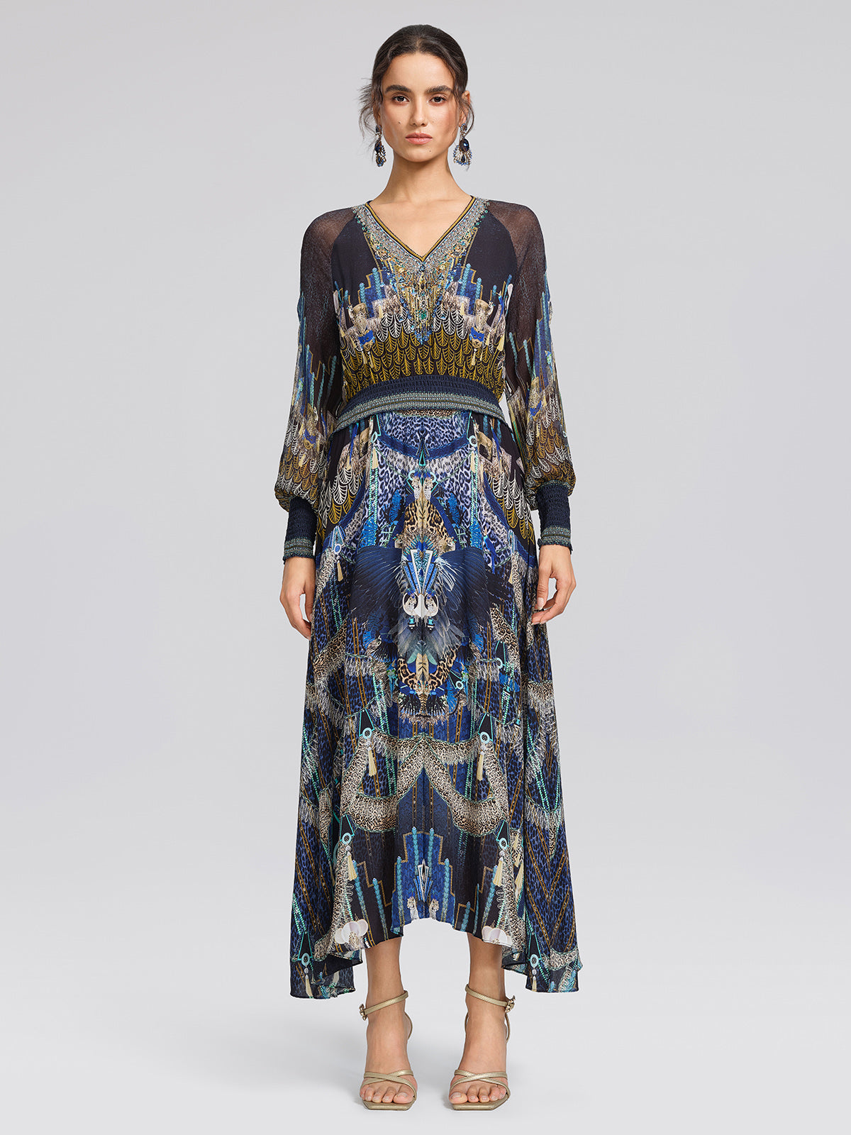 100% Silk Peacock Leopard Print Beaded V-Neck Dress