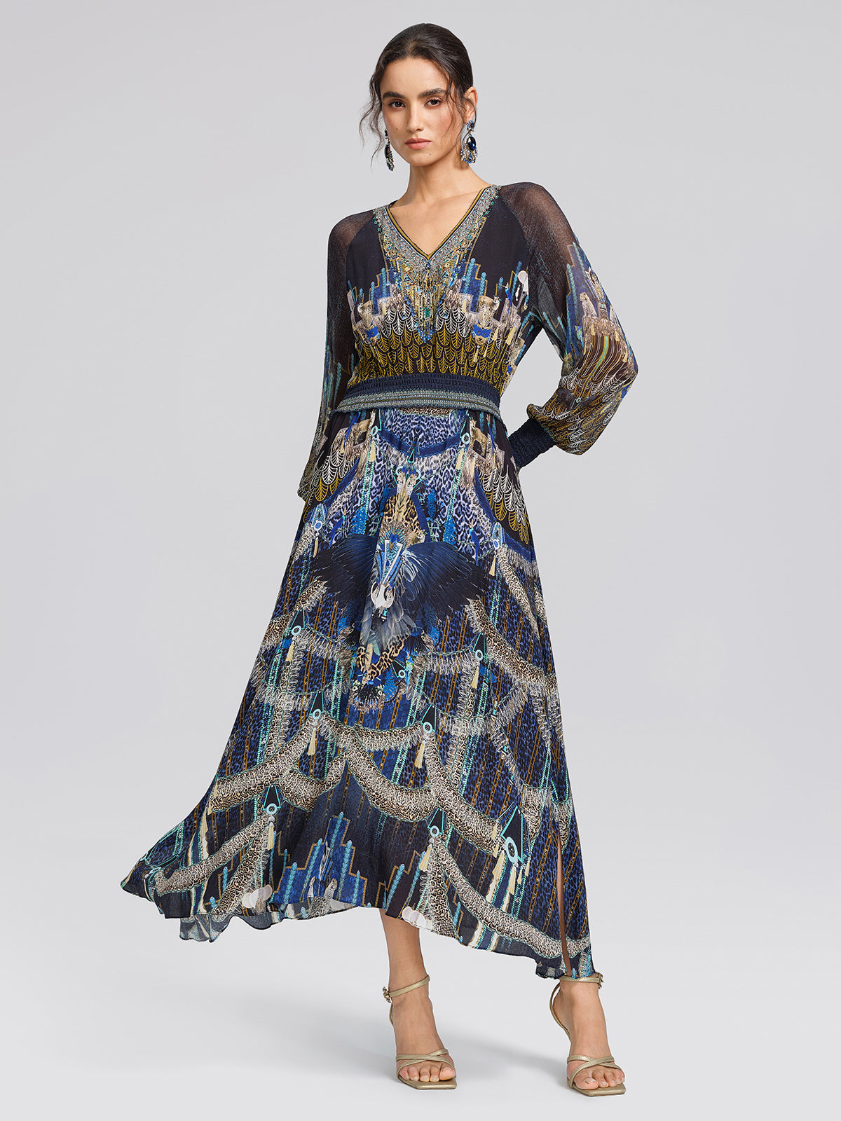 100% Silk Peacock Leopard Print Beaded V-Neck Dress