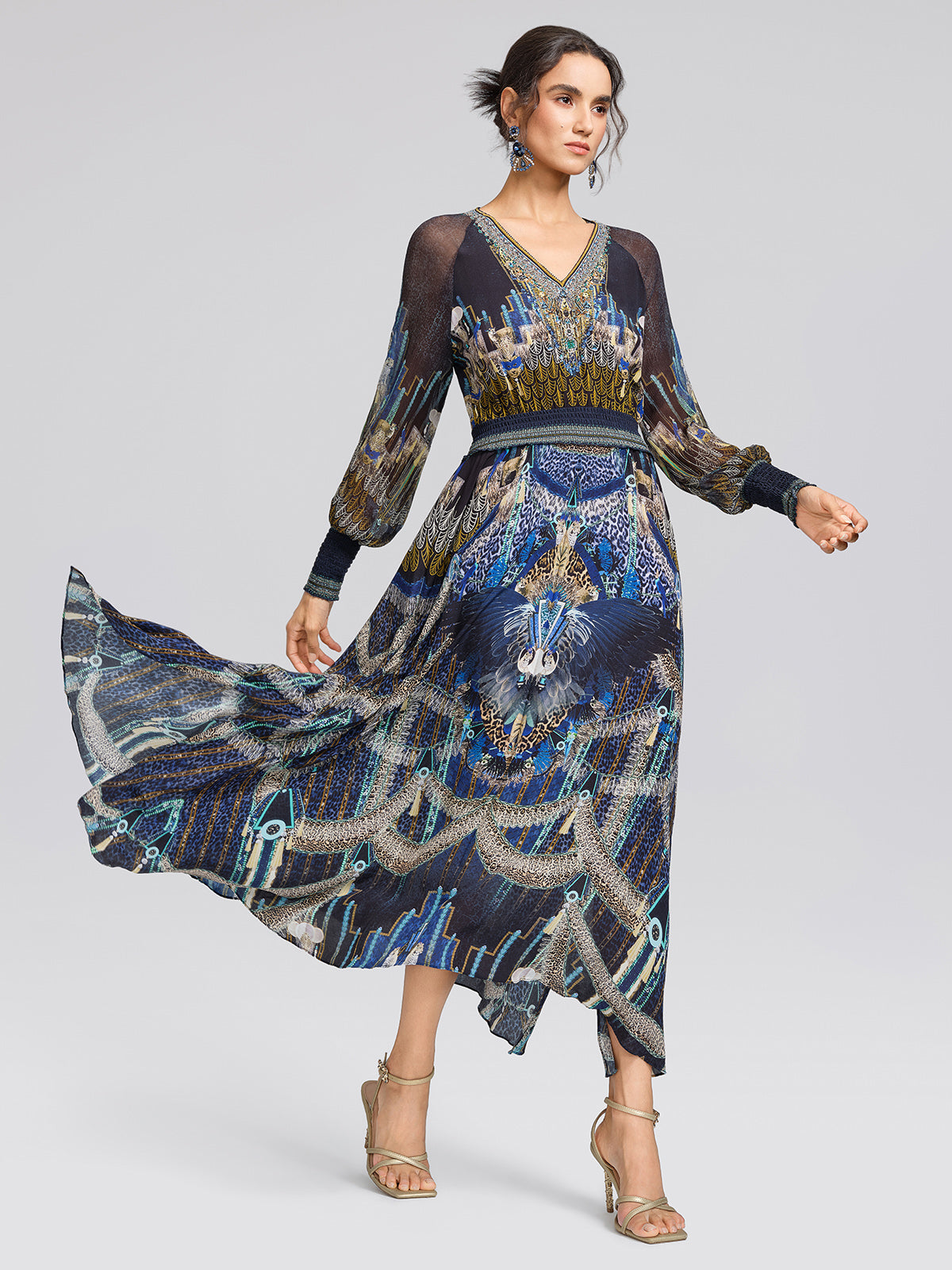 100% Silk Peacock Leopard Print Beaded V-Neck Dress