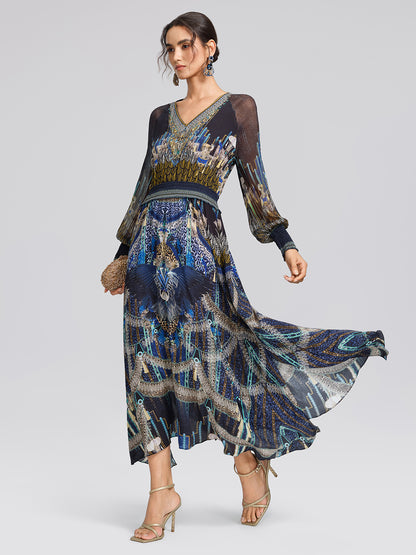 100% Silk Peacock Leopard Print Beaded V-Neck Dress