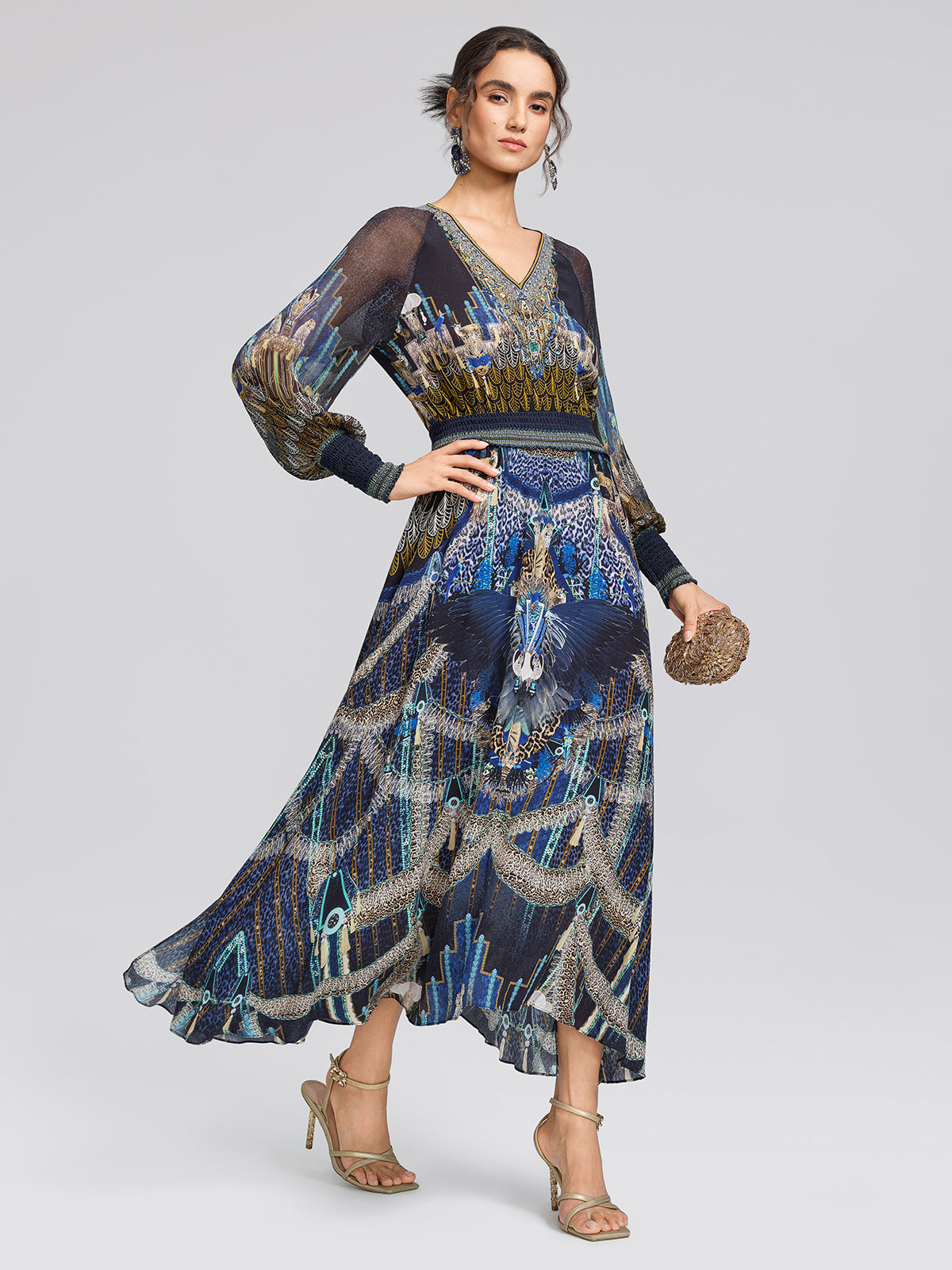 100% Silk Peacock Leopard Print Beaded V-Neck Dress