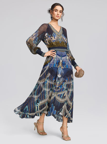 100% Silk Peacock Leopard Print Beaded V-Neck Dress