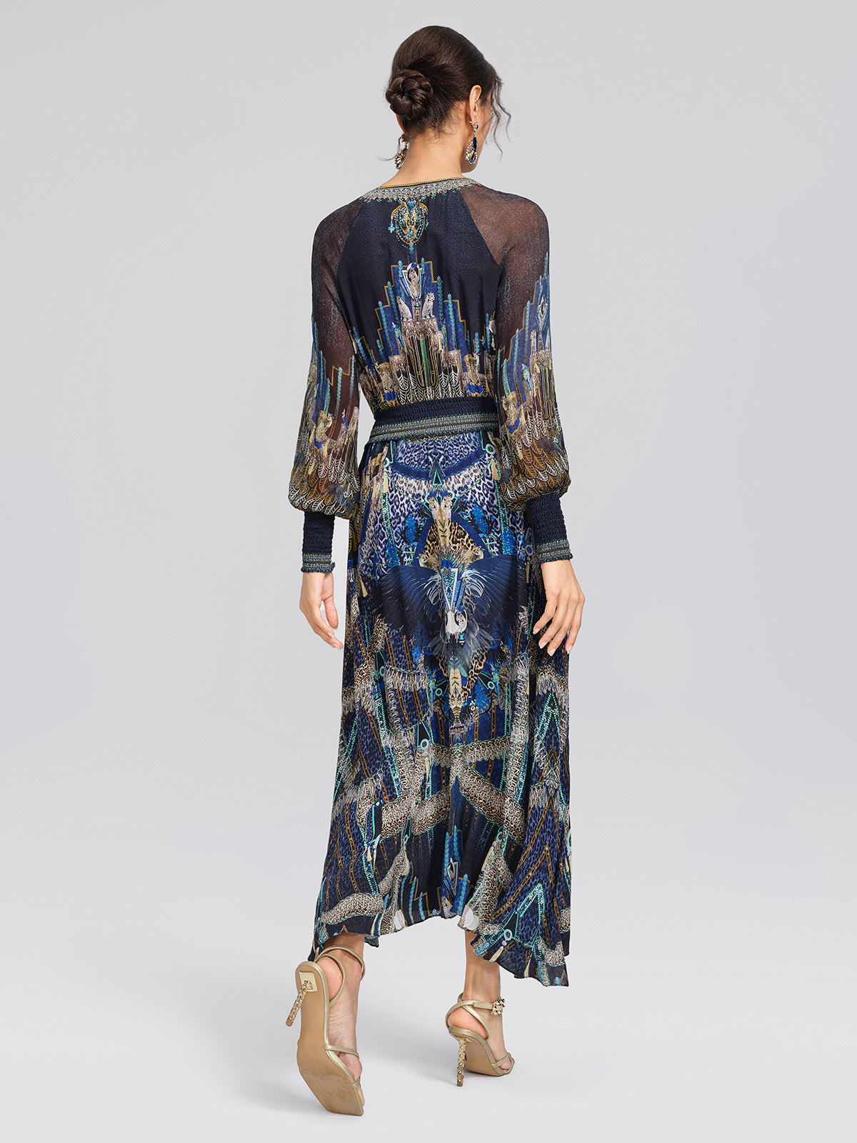 100% Silk Peacock Leopard Print Beaded V-Neck Dress