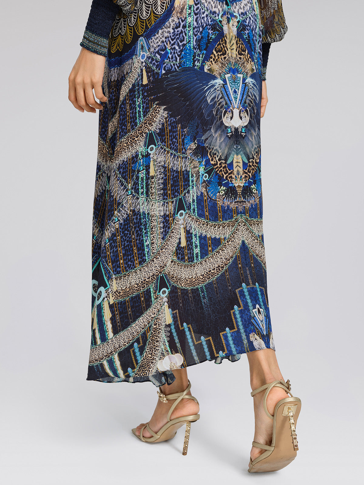 100% Silk Peacock Leopard Print Beaded V-Neck Dress
