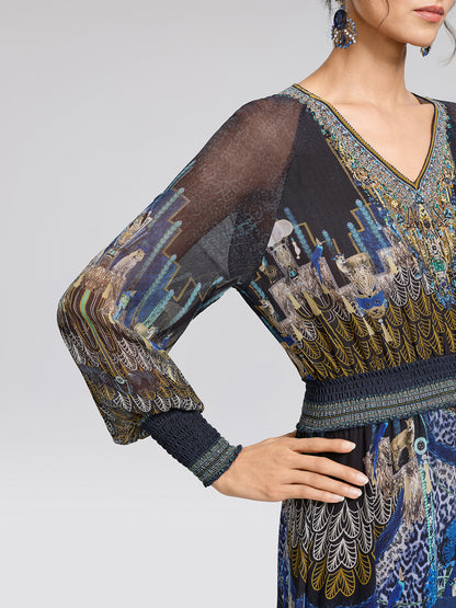 100% Silk Peacock Leopard Print Beaded V-Neck Dress