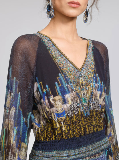 100% Silk Peacock Leopard Print Beaded V-Neck Dress