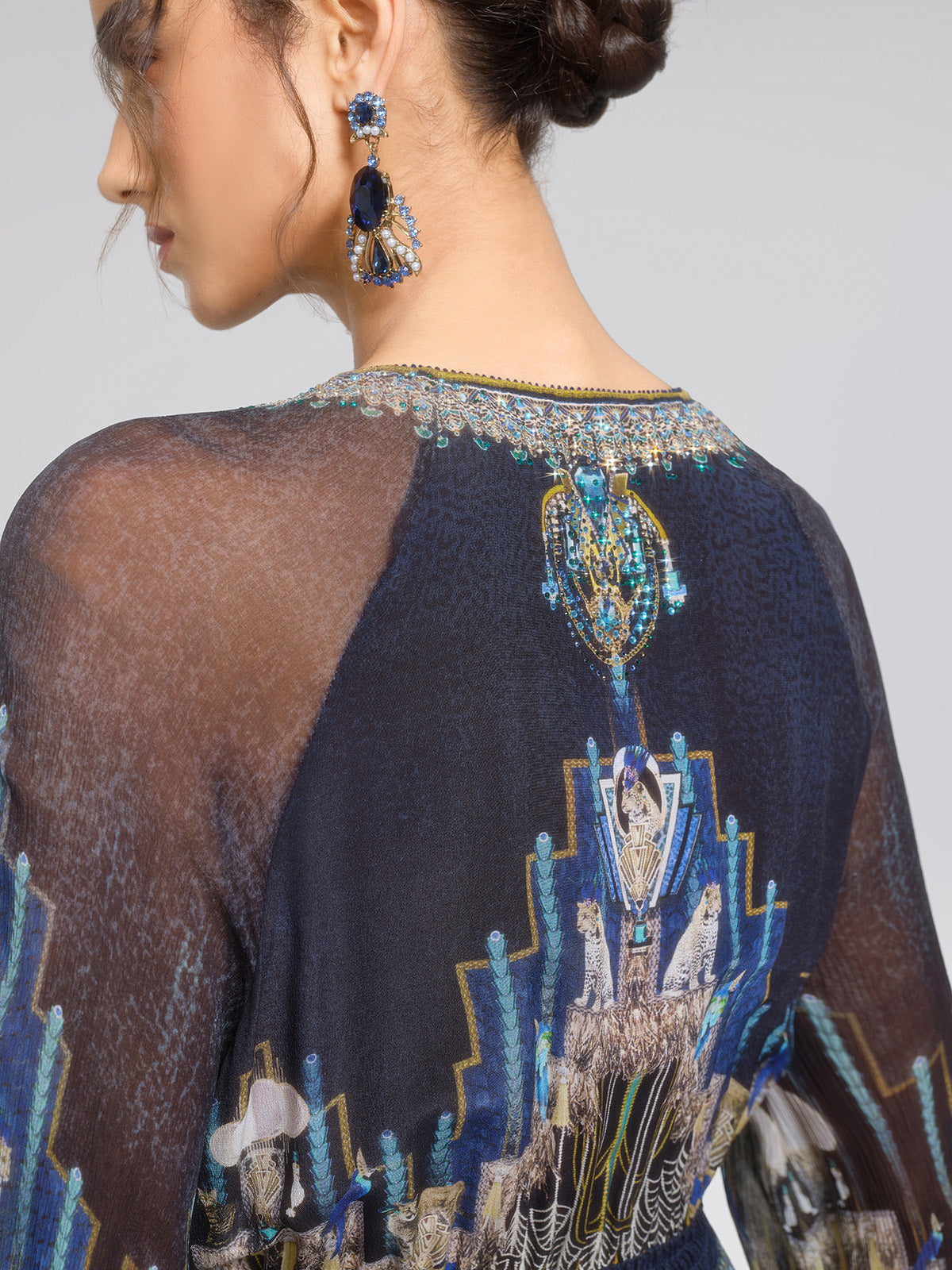 100% Silk Peacock Leopard Print Beaded V-Neck Dress