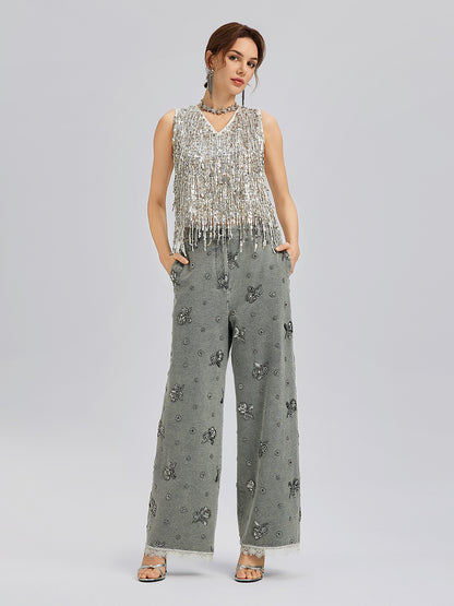 Garment Dyeing Beaded Denim Lace-Trim Pants