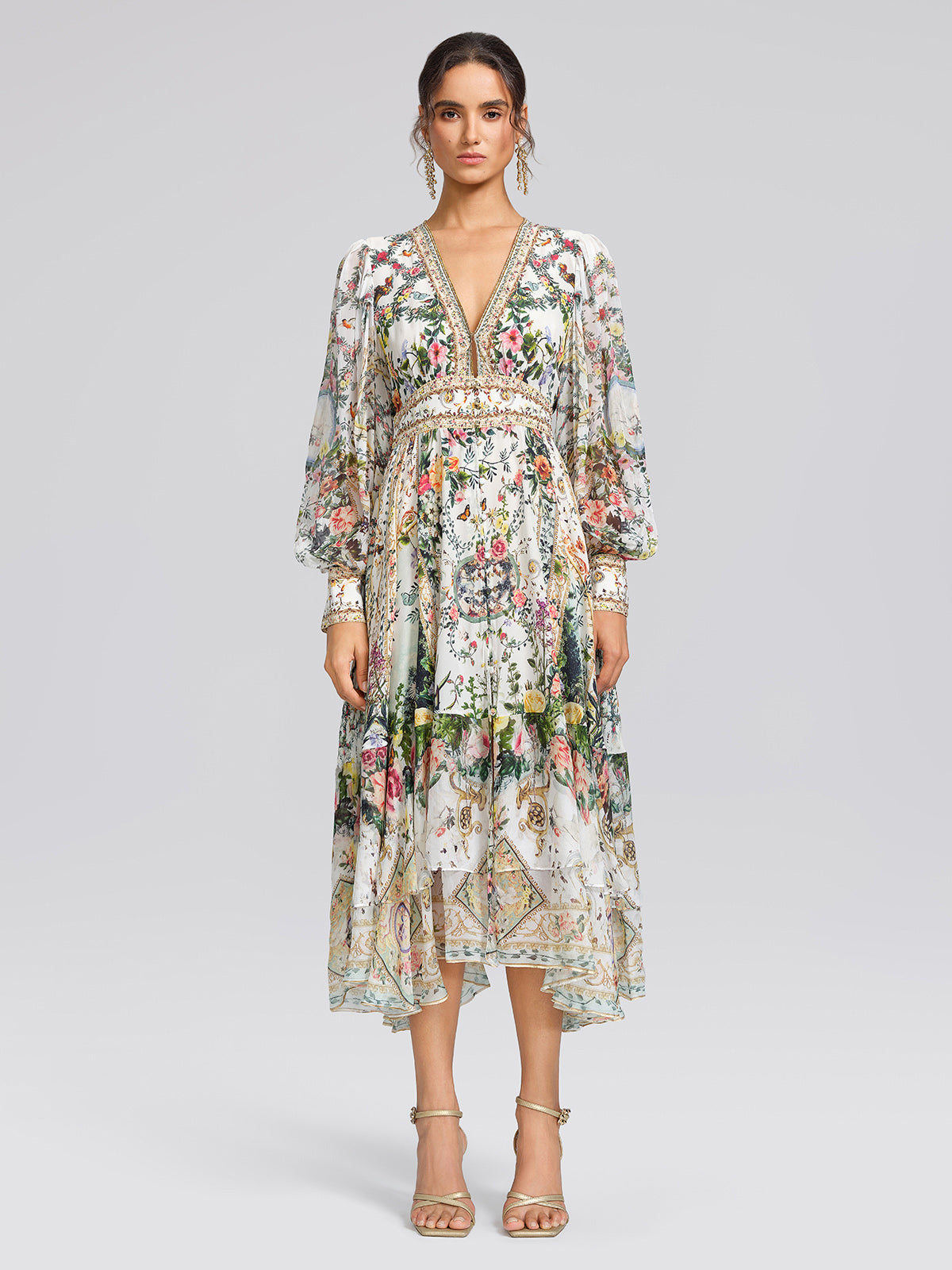 100% Silk French Floral Rhinestone V-Neck Waist Dress