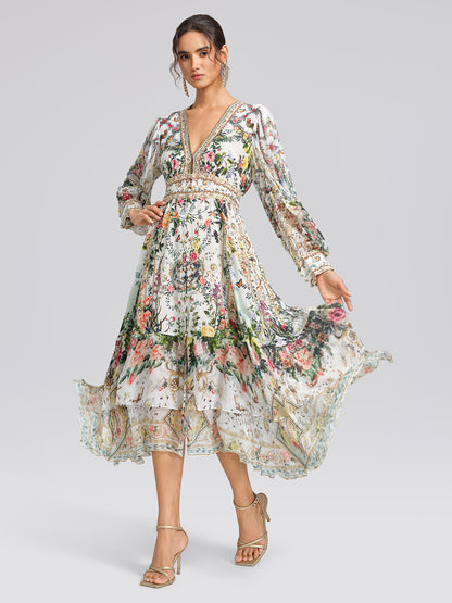 100% Silk French Floral Rhinestone V-Neck Waist Dress