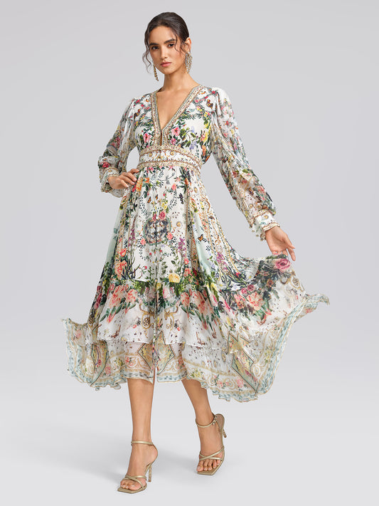 100% Silk French Floral Rhinestone V-Neck Waist Dress