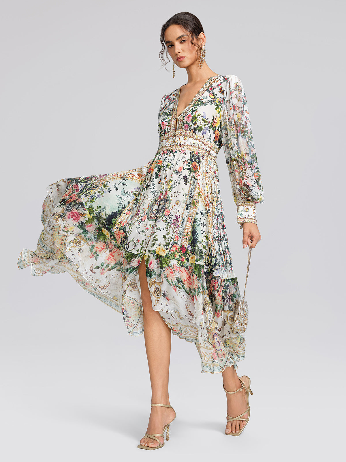 100% Silk French Floral Rhinestone V-Neck Waist Dress