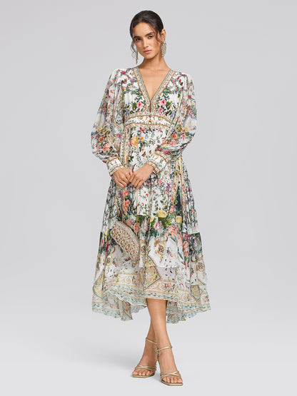 100% Silk French Floral Rhinestone V-Neck Waist Dress