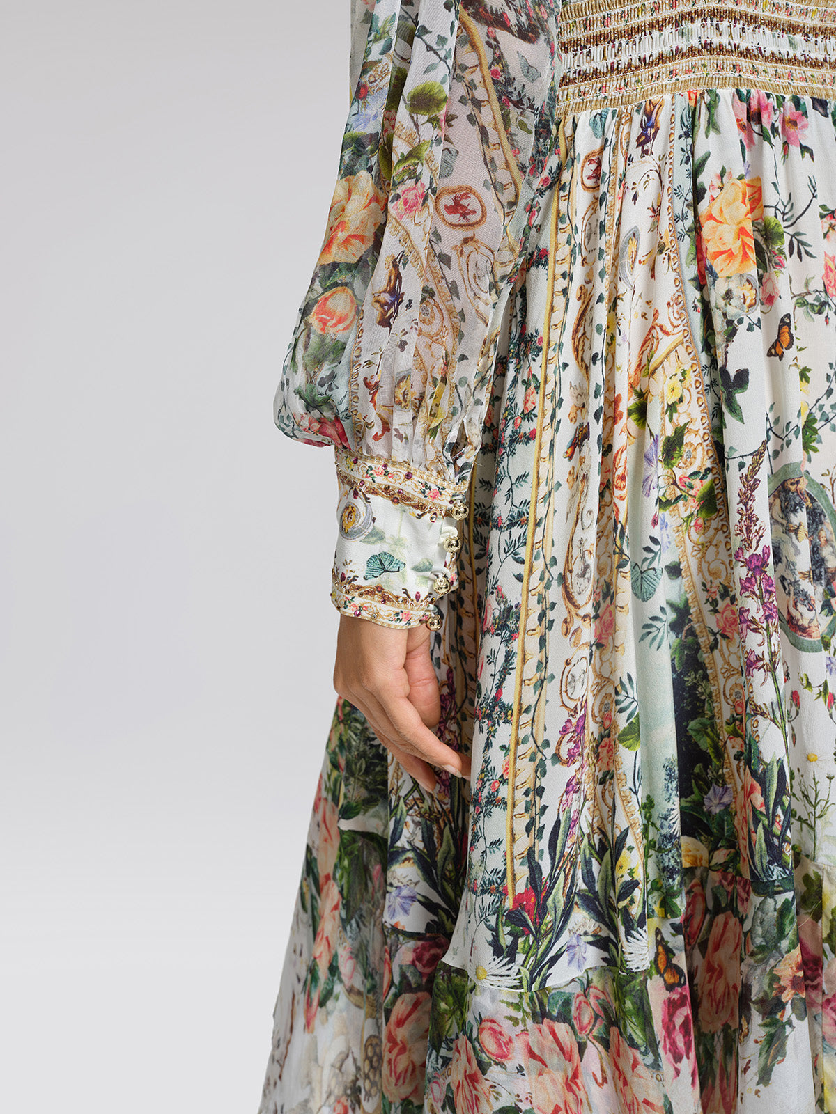 100% Silk French Floral Rhinestone V-Neck Waist Dress