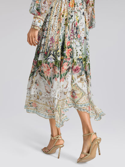 100% Silk French Floral Rhinestone V-Neck Waist Dress