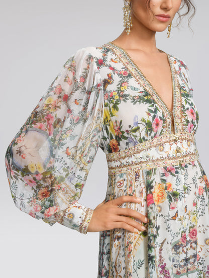 100% Silk French Floral Rhinestone V-Neck Waist Dress