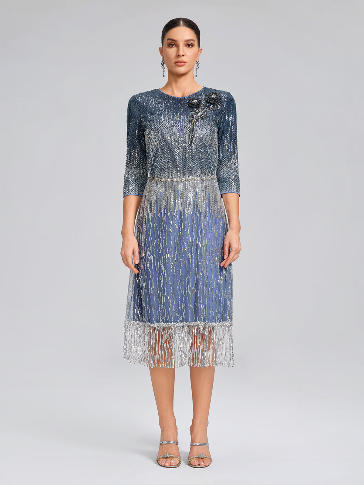 Fringe Gradient Sequin 3D Floral Dress