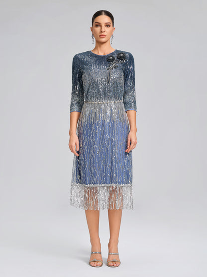 Fringe Gradient Sequin 3D Floral Dress