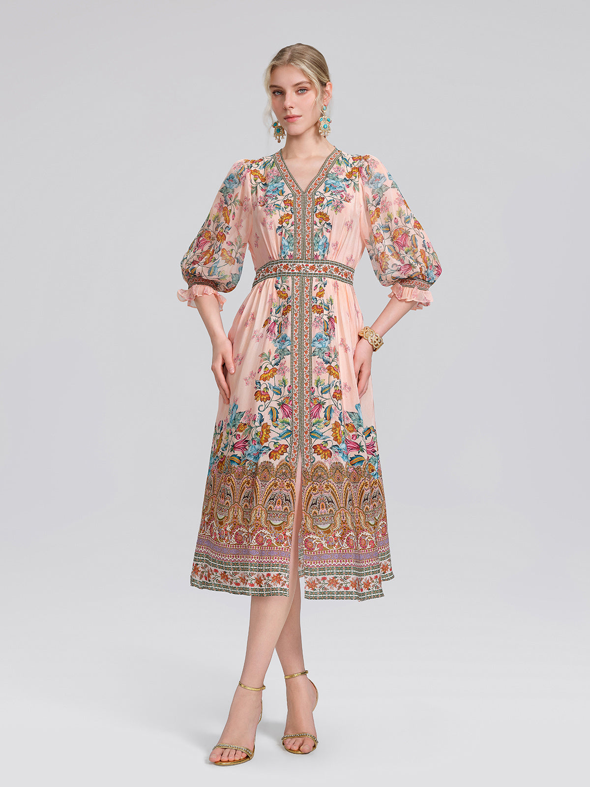 Silk Paisley Print V-Neck Dress