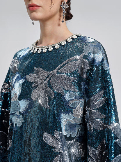 Sequin Embroidered Feather-Trim Top